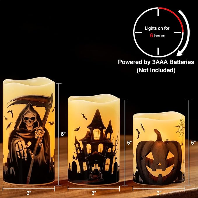 Set of 3 Halloween Flameless Flickering Candles with 6 Hour Timer - Grim Reaper/Haunted House/Pumpkin