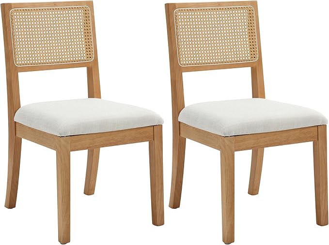 Natural Rattan Dining Chairs - Set of 2, Farmhouse Natural Dining Room Chairs with Upholstered Cushion, Wood Armless Chairs for Kitchen/Restaurant