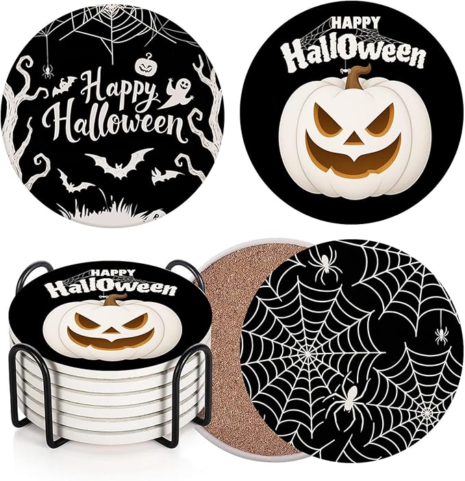 Set of 6 Happy Halloween Absorbent Round Ceramic Stone Drink Coasters with Cork Base and Metal Holder
