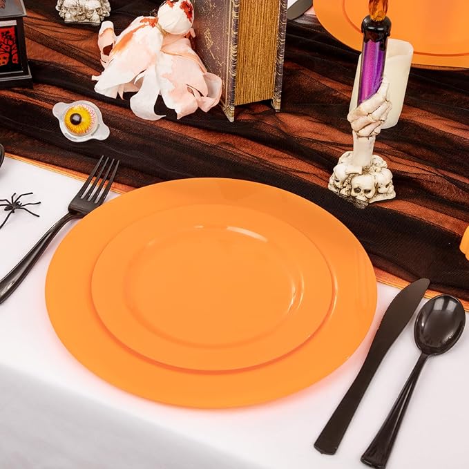 Set of 60 Heavy Duty Orange Plastic Plates Disposable for Halloween & Thanksgiving Parties - Serves 30 Guests