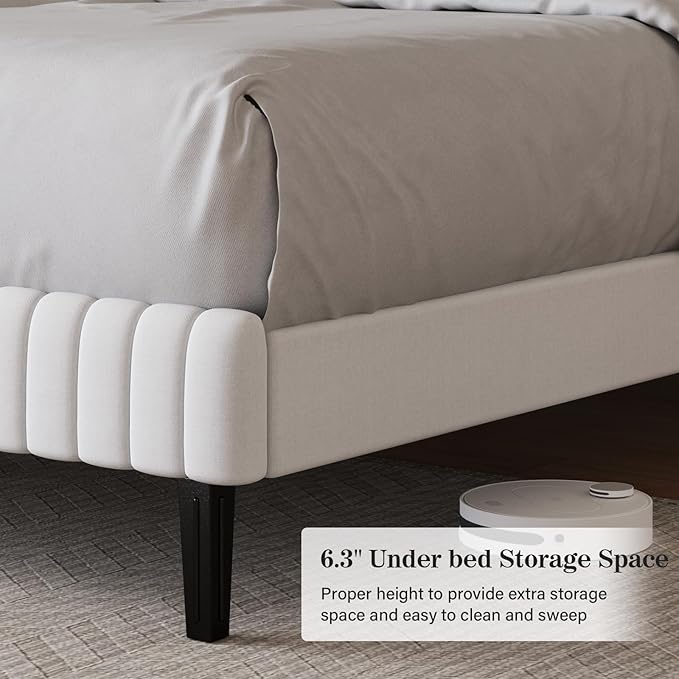 Queen Size Velvet Upholstered Platform Bed in White