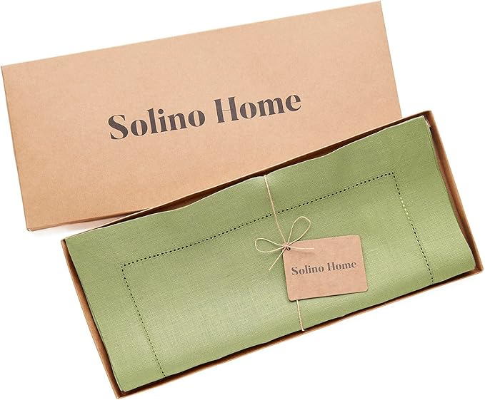 100% Pure Linen Hemstitch Table Runner 14 x 72 Inch - Moss Green