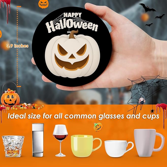 Set of 6 Happy Halloween Absorbent Round Ceramic Stone Drink Coasters with Cork Base and Metal Holder