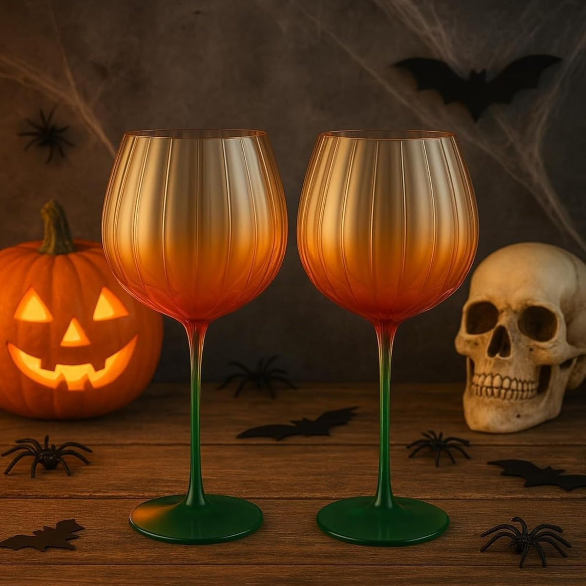 Pumpkin Lightweight Wine Glasses - Set of 2 Orange & Green