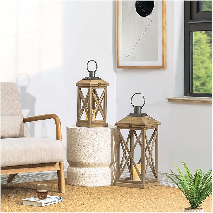 Set of 2 Modern Farmhouse Wood and Metal Lanterns - Natural (No Glass)