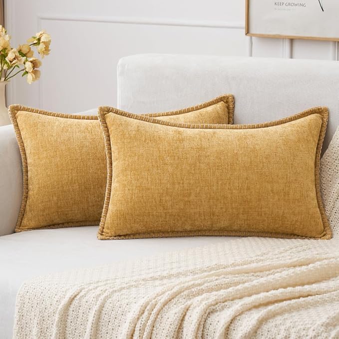 Set of 2 Stitched Edge Soft Chenille Pillow Covers - 12 x 20 inch, Gold