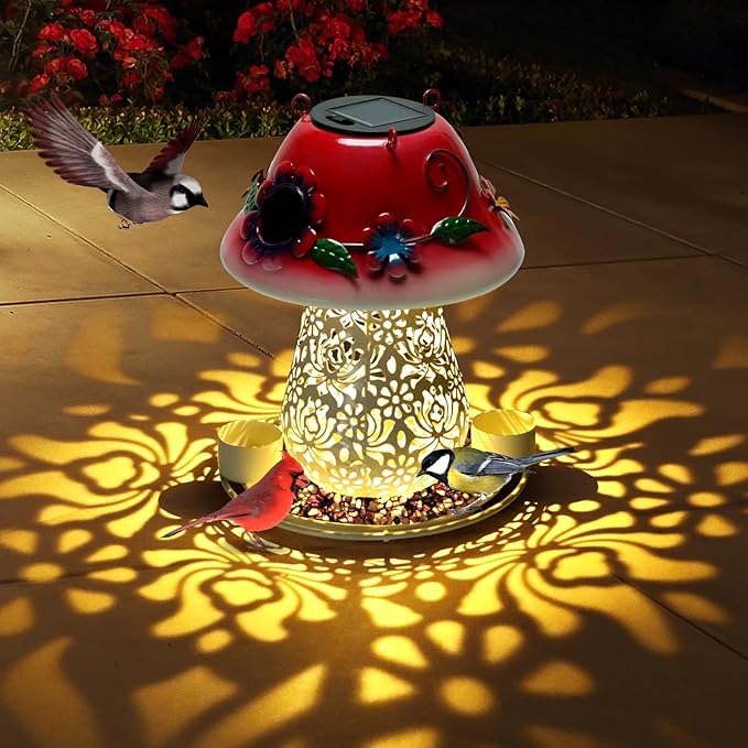 Mushroom Solar Bird Feeder - Red