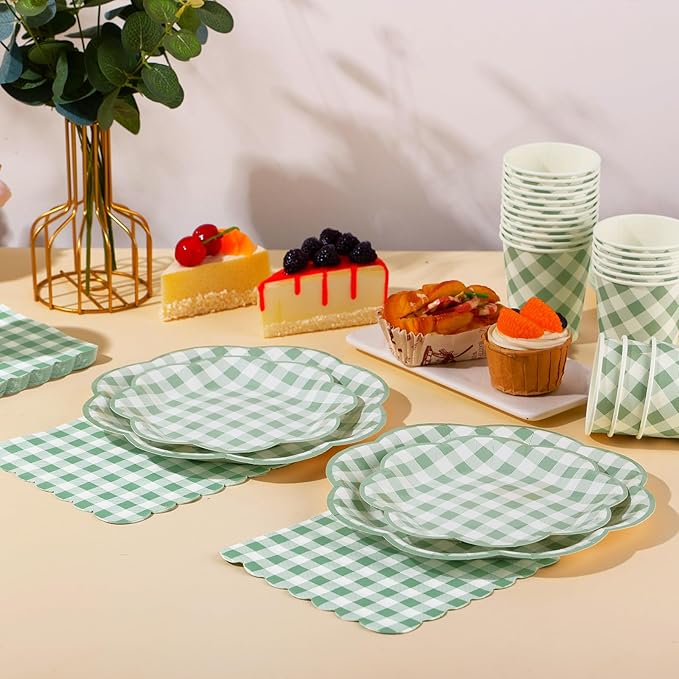 175 Pcs Sage Green Gingham Party Supplies - Serve 25 Guests