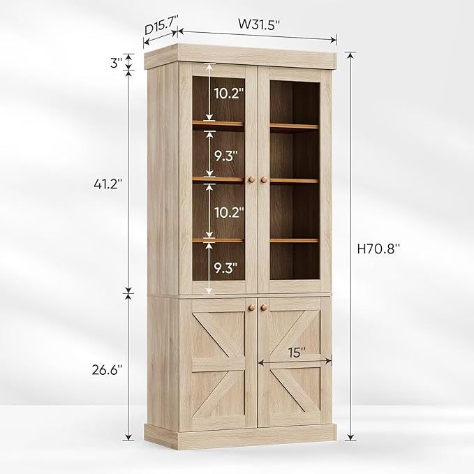 Vyre 71" Tall Farmhouse Bookshelves with Glass Doors, Set of 2 – Natural