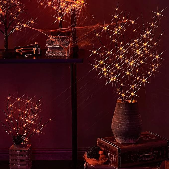 Orange LED Black Twig Branches with Fairy Lights for Halloween - Indoor/Outdoor