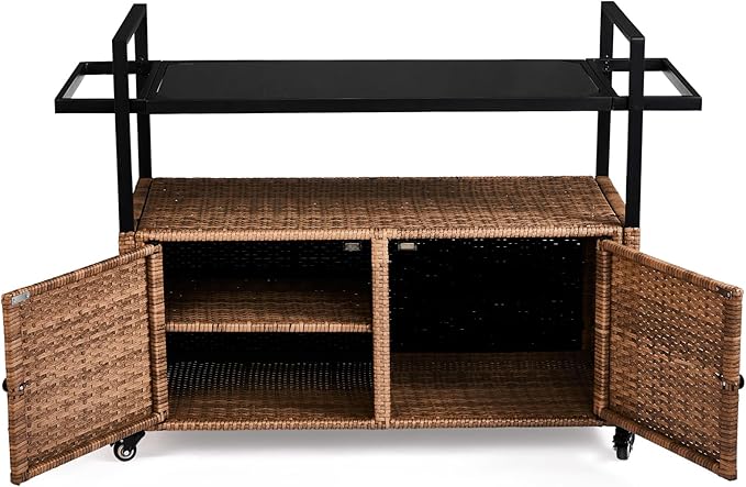 Wicker Outdoor Serving Cart with Storage and Wheels - Medium Brown
