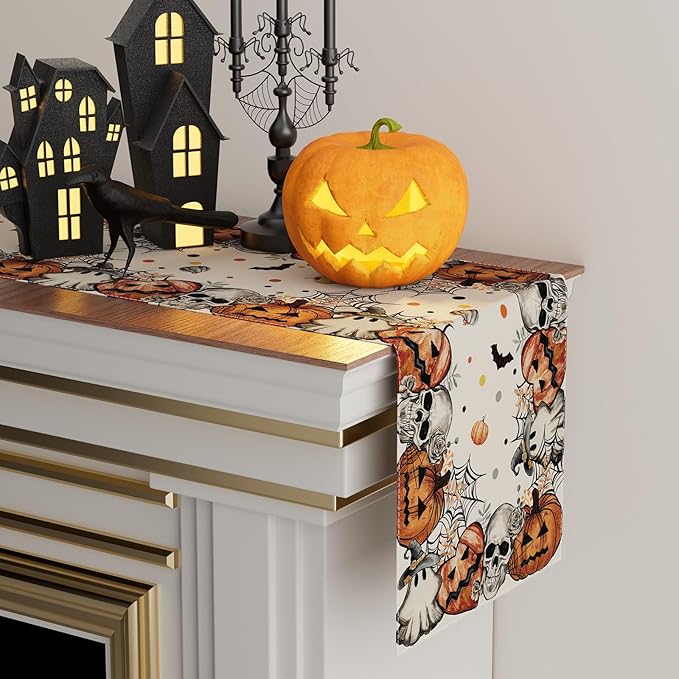 Halloween Table Runner - Skeleton Ghost Pumpkin - 13x108 Inch