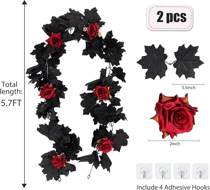 Creepy Halloween Garland with Black Leaves and Blood Red Roses - 2 Pieces, 5.7 Ft