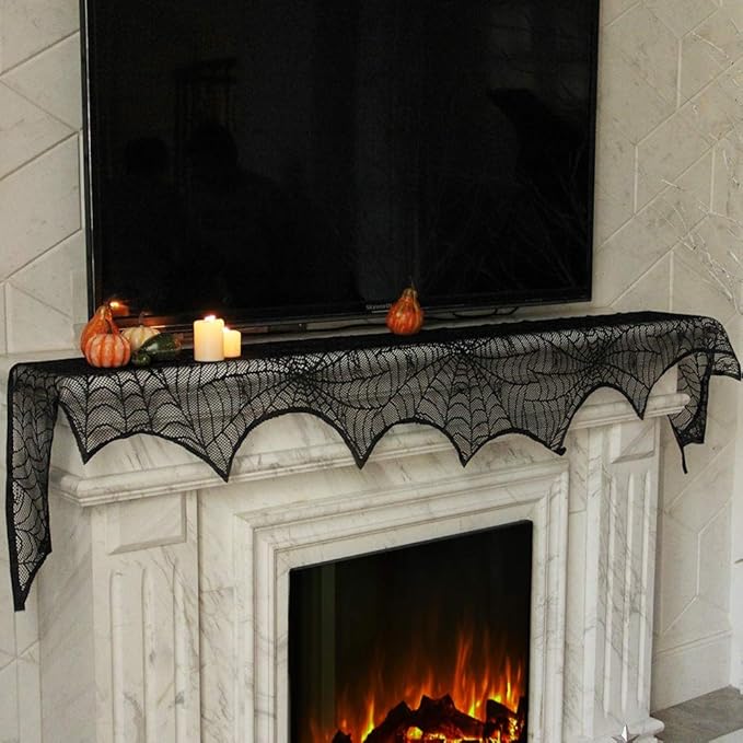 Black Spiderweb Lace Fireplace Mantle Scarf Cover/Table Cloth - 2 Piece Set