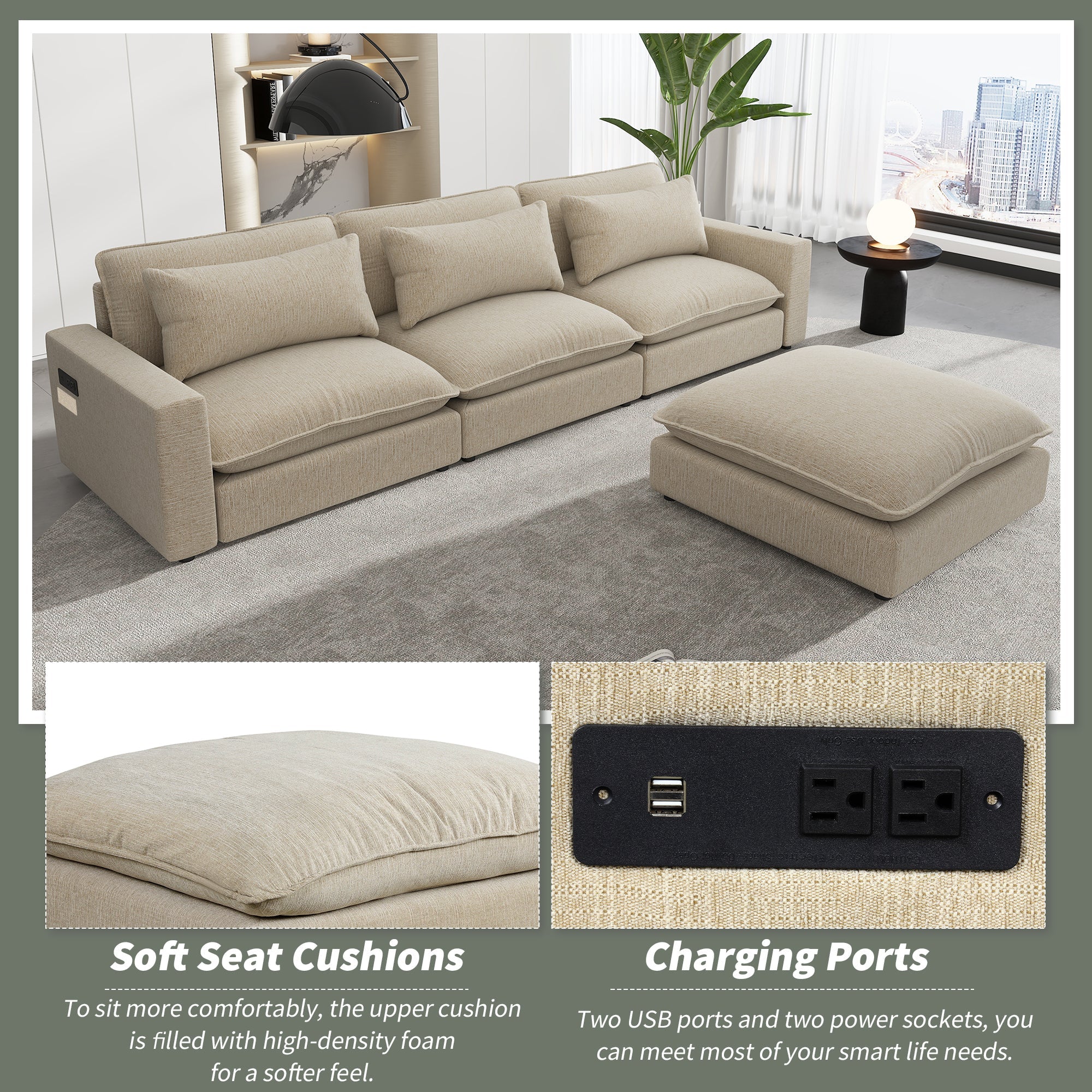 Chenille Upholstered Cloud Sofa Modular Sectional - Beige