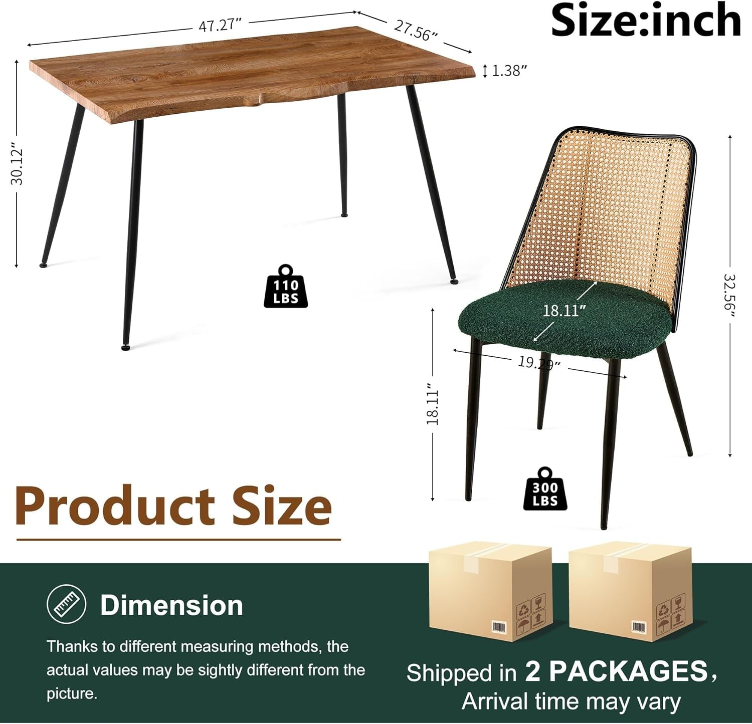 Walnut Finish Raw Edge 47" Dining Set - Green