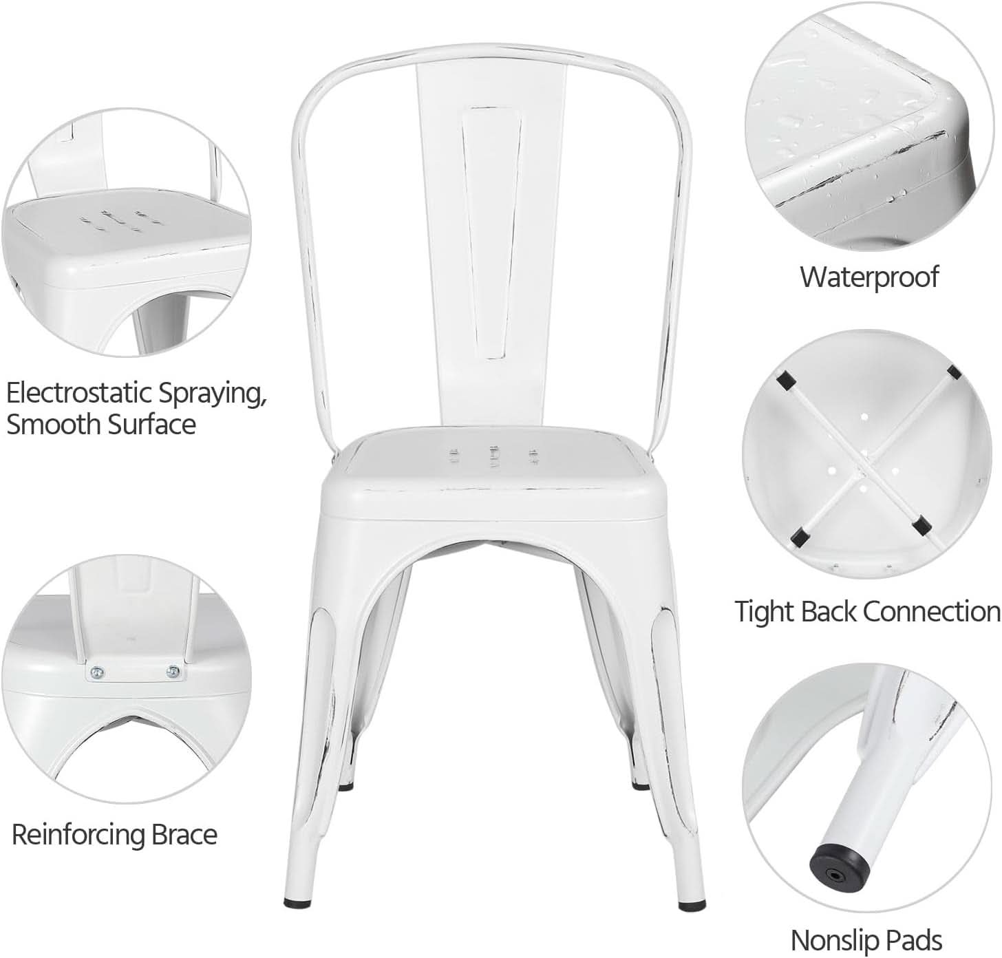 Set of 4 Stackable Distressed White Metal Indoor/Outdoor Dining Chairs