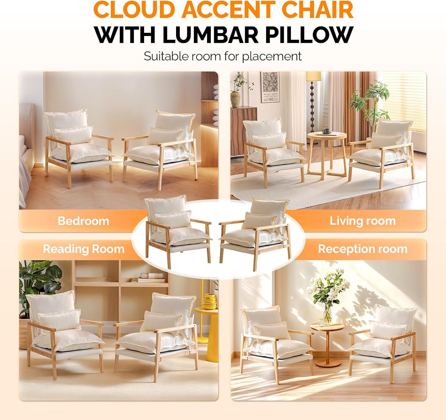 Cloud Accent Armchairs - 2 pc Set, Beige Chenille With Lumbar Pillow