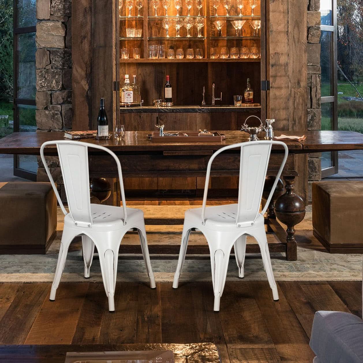 Set of 4 Stackable Distressed White Metal Indoor/Outdoor Dining Chairs