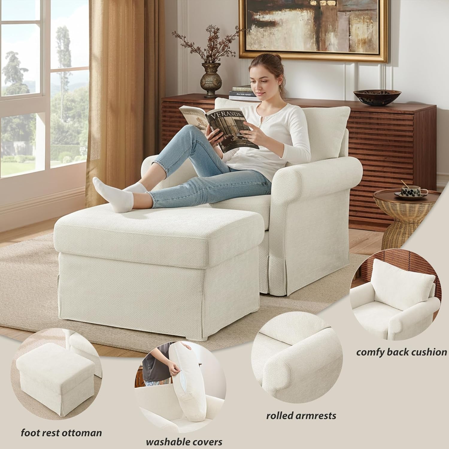 Beige Chenille Contemporary Chair & Ottoman - 2 Pc Set