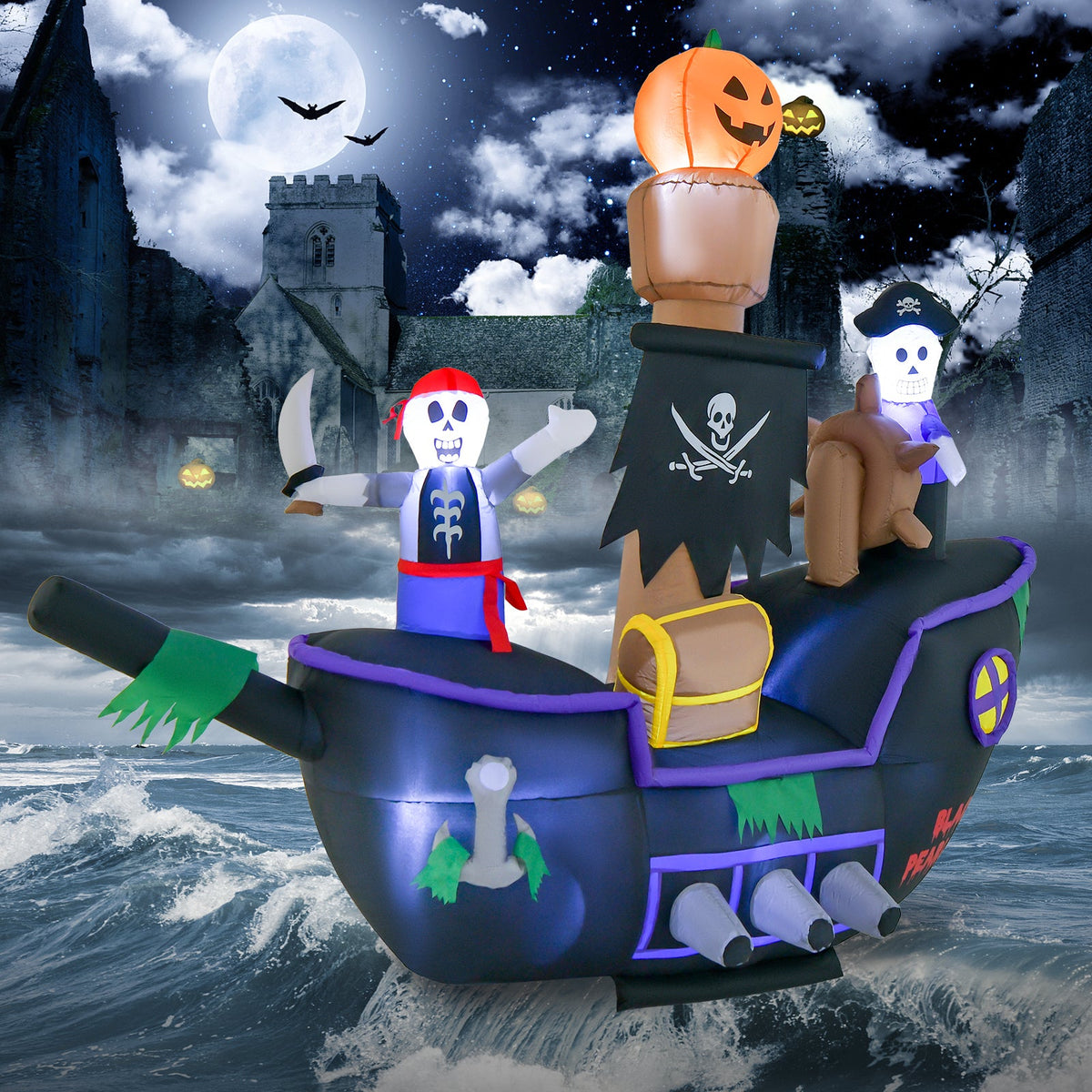 7 Ft Long Halloween Inflatable Pirate Ship with LED Lights