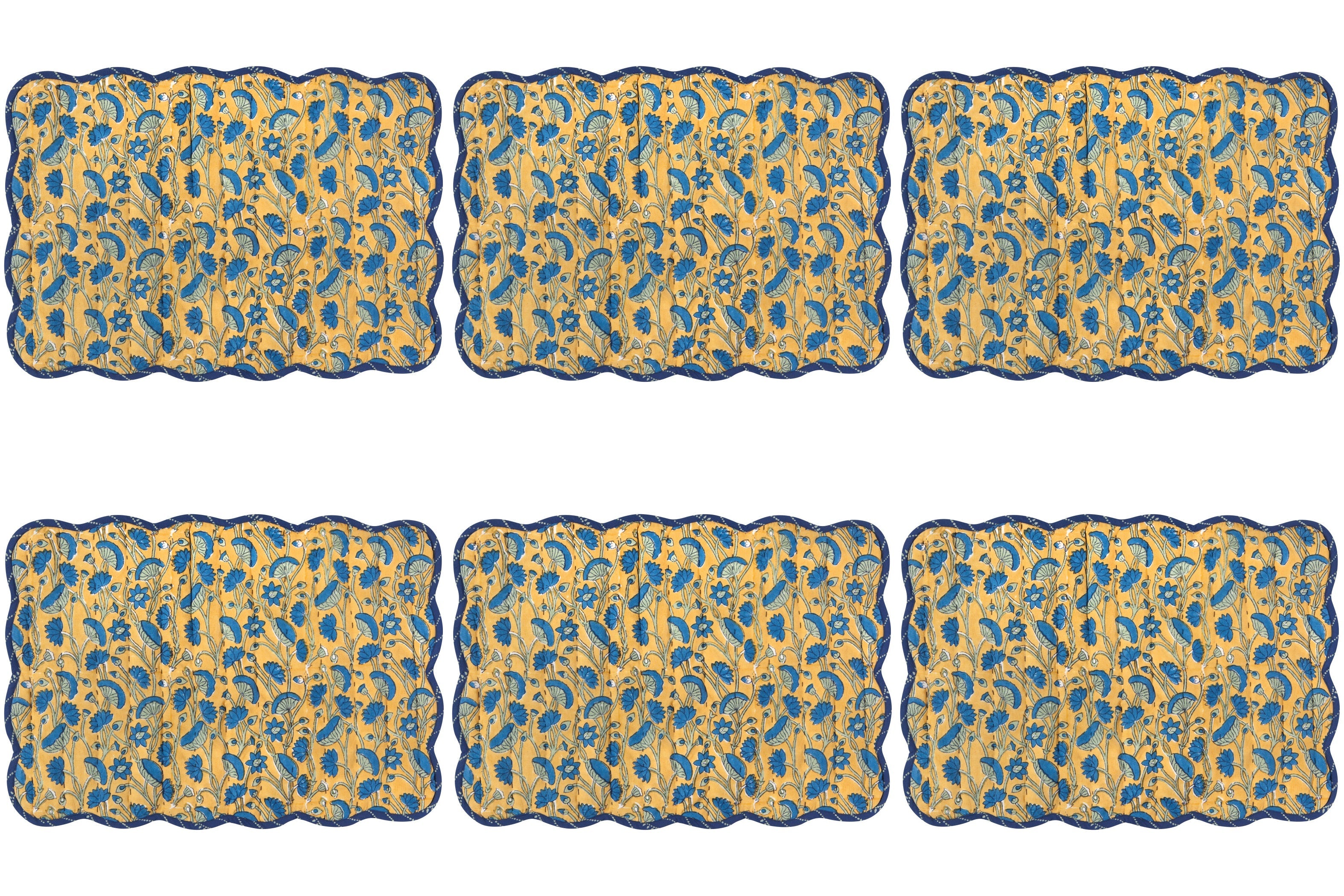 Set of 6 Reversible Fan Flower Block Print Kantha Placemats