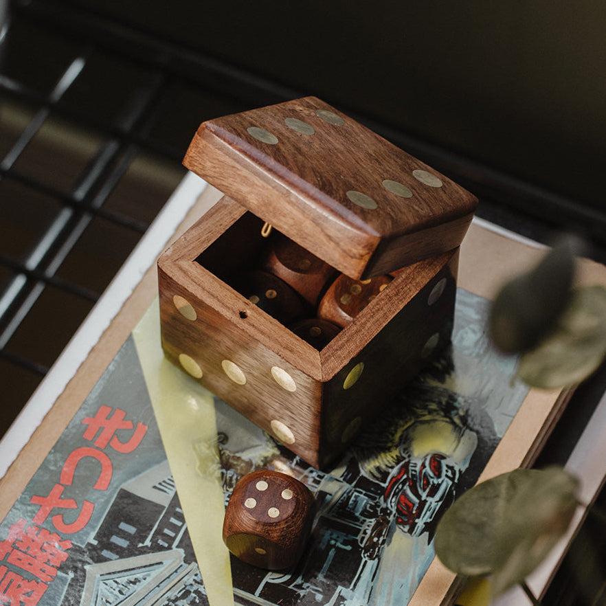 5 Dice Box Set - Handcrafted Wood w/ Brass Inlay