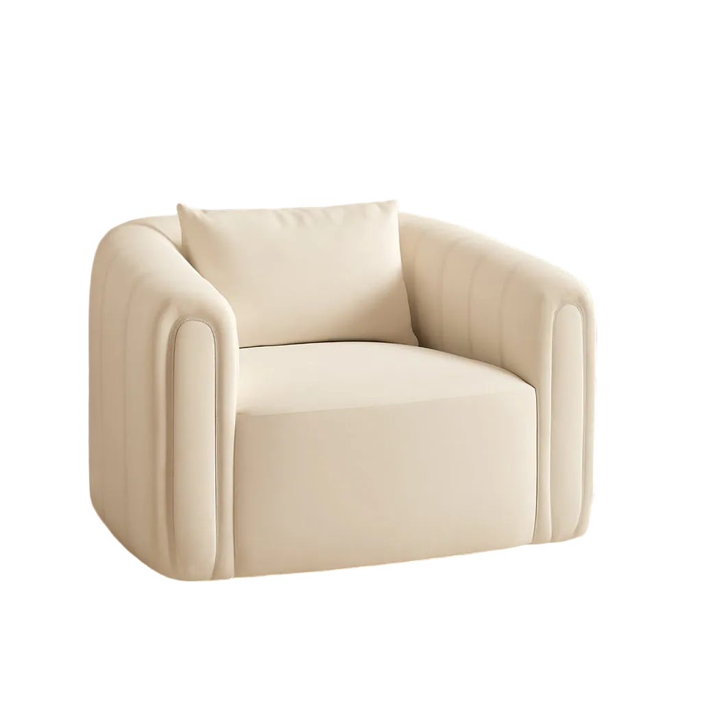 Beige Velvet Barrel Swivel Chair With LumbarPillow