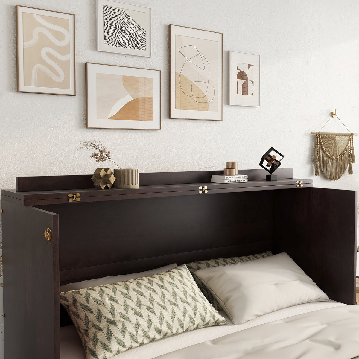 Queen Size Murphy Bed, Pine Wood with Power Station and Rattan Decoration Panel - Espresso