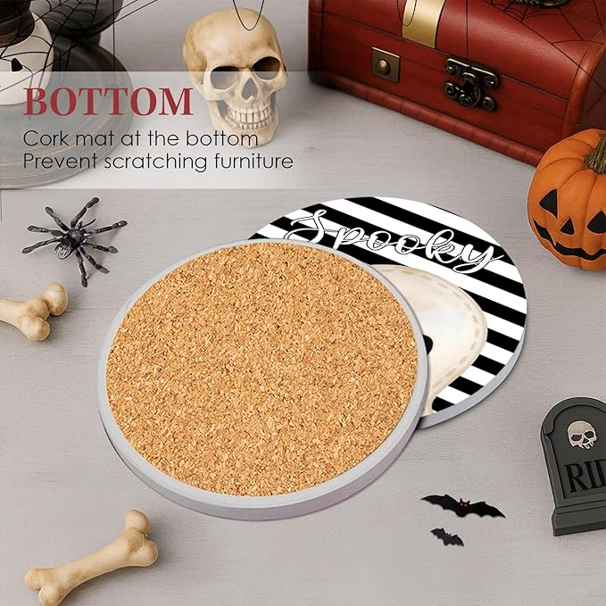 Set of 6 Halloween Hey Boo Black & White Ceramic Stone Drink Coasters with Cork Base and Metal Holder