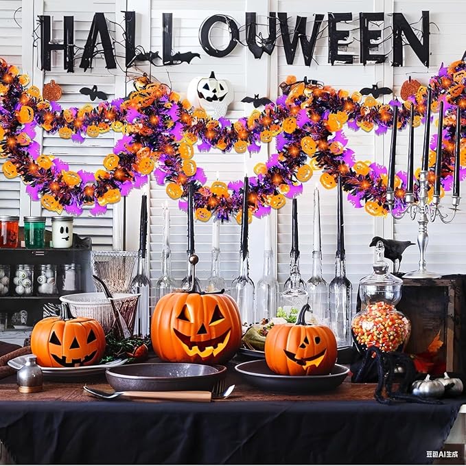 50 Ft Halloween Tinsel Garland - Pumpkins & Bats, Orange/Purple/Black