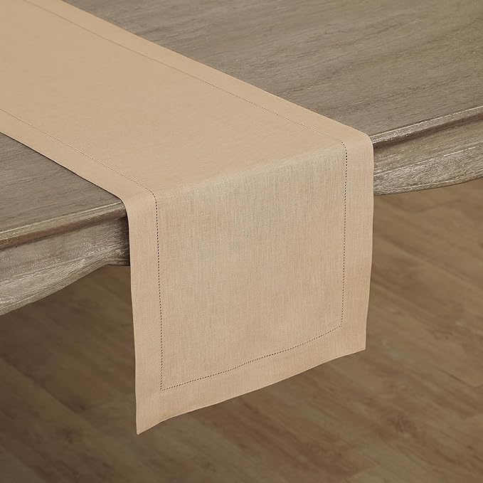 100% Pure Linen Hemstitch Table Runner - 14 x 72 Inch, Beige