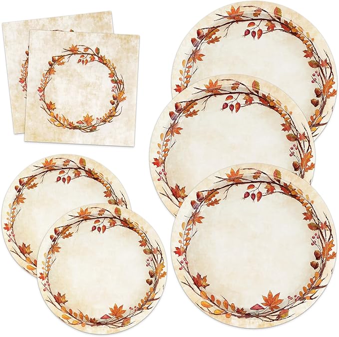 200 Pcs Fall Paper Plates and Napkins - Serves 50 Guests