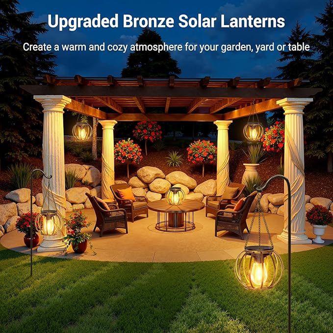 4 Pack Bronze Metal Hanging Solar Lanterns