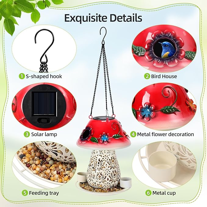 Mushroom Solar Bird Feeder - Red