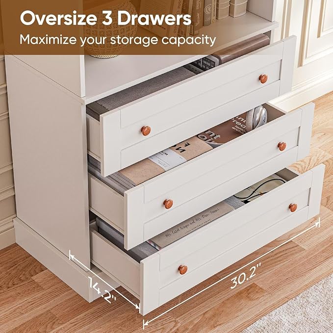 Tall Farmhouse Bookshelves with Drawers, Set of 3 – White