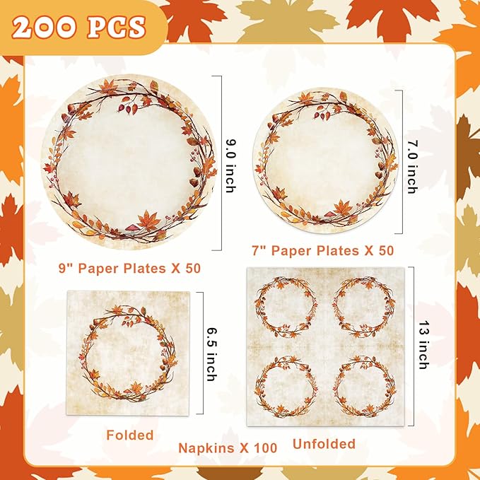 200 Pcs Fall Paper Plates and Napkins - Serves 50 Guests