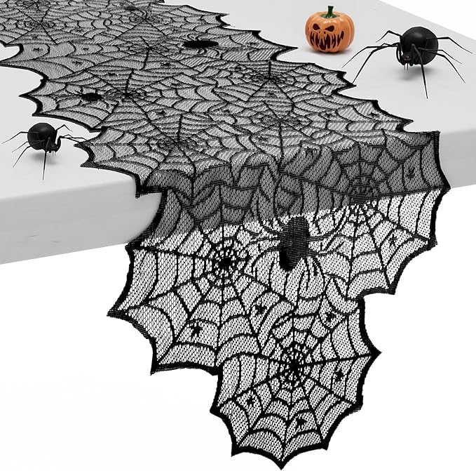 72 Inch Black Lace Spider Web Table Runner for Halloween