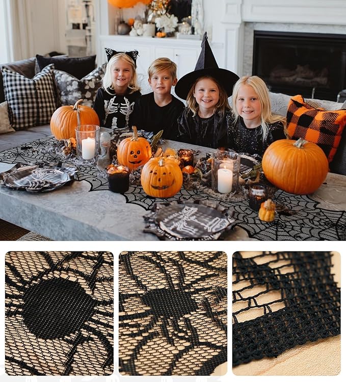 72 Inch Black Lace Spider Web Table Runner for Halloween