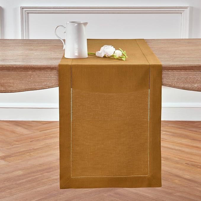 100% Pure Linen Hemstitch Table Runner in Brown Sugar - 14 x 36 Inch