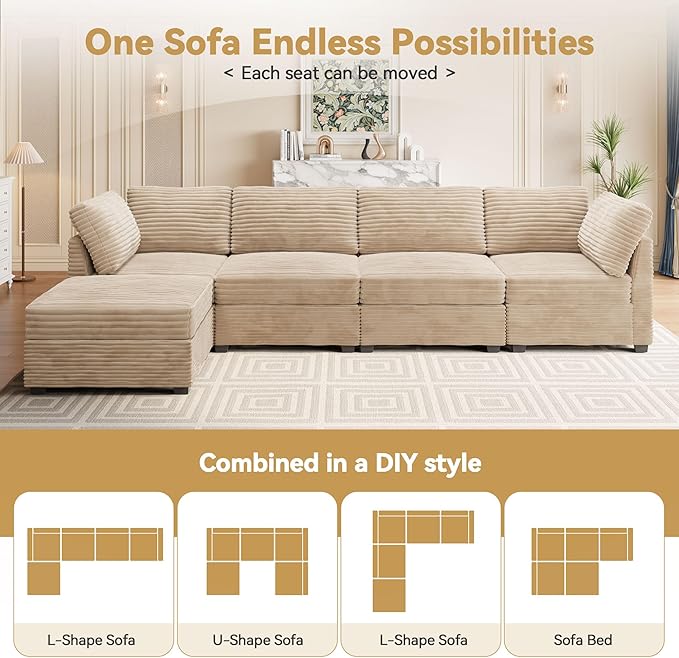 8-Seater Comfy Cloud Modular with One Movable Ottoman in Beige Corduroy