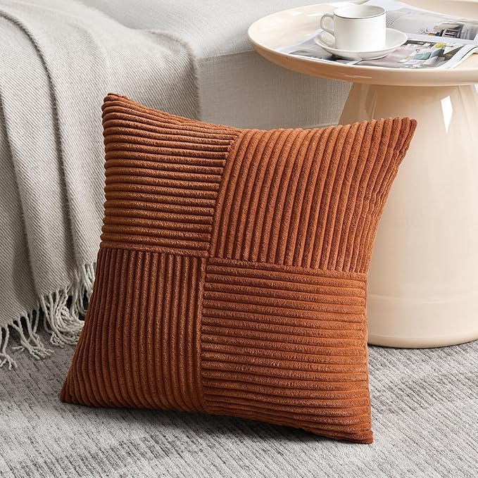 2 Pc Soft Corduroy Patchwork Pillow Covers - 18 x 18 inch, Terracotta