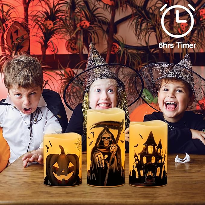 Set of 3 Halloween Flameless Flickering Candles with 6 Hour Timer - Grim Reaper/Haunted House/Pumpkin
