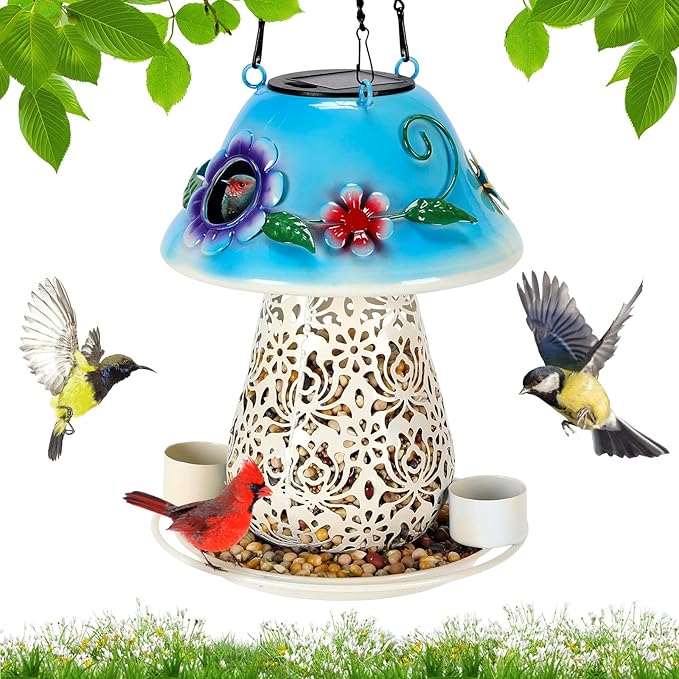 Mushroom Solar Bird Feeder - Blue