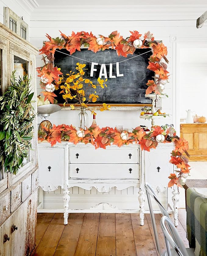 6ft Fall Garland - Orange Leaves/White Pumpkins/Pinecones