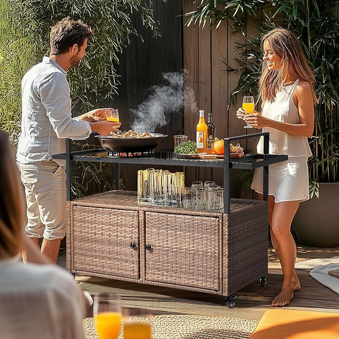 Wicker Outdoor Serving Cart with Storage and Wheels - Medium Brown