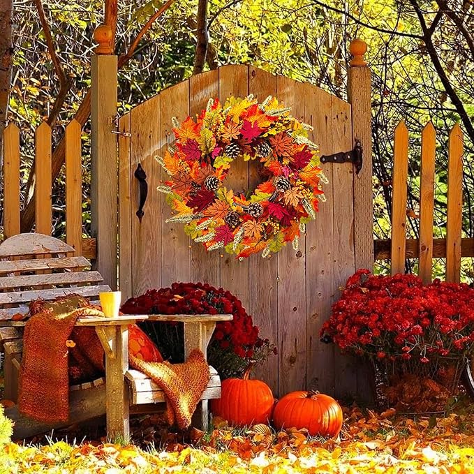24 inch Autumn Wreath with Berry Wood, Maple Leaves and Pine Cones