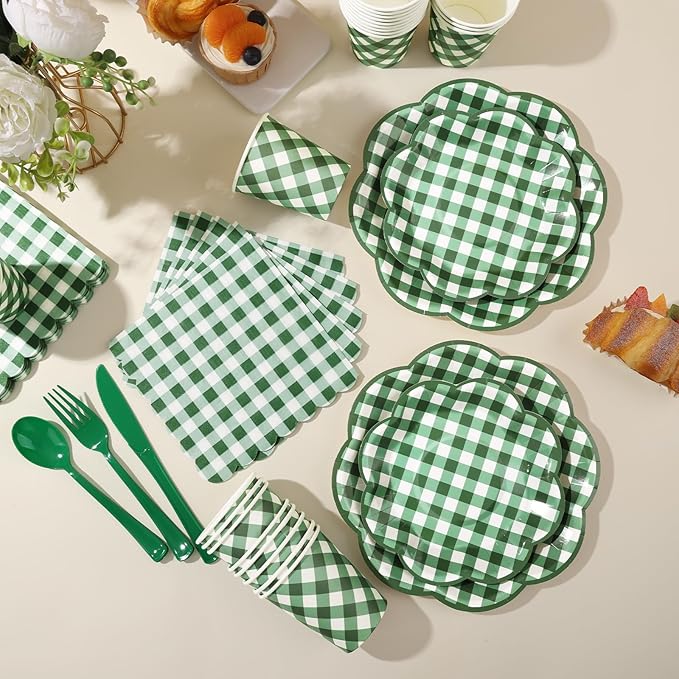 175 Pcs Green Gingham Plates and Napkins Party Supplies - Serve 25 Guests