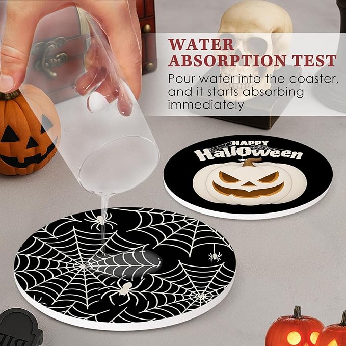 Set of 6 Happy Halloween Absorbent Round Ceramic Stone Drink Coasters with Cork Base and Metal Holder
