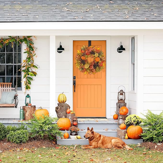 Extra Large 26 inch Autumn Wreath with Velvet Pumpkins, Natural Pine Cones, & Maple Leaves - Metal Hook Included